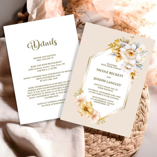 All In One White Gold Floral Geometric Wedding Invitation