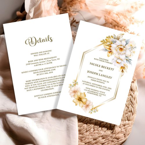 All In One White Gold Floral Geometric Wedding Invitation