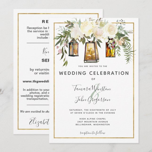 All In One White Peonies Rustic Gold Lanterns Invitation (Front/Back)