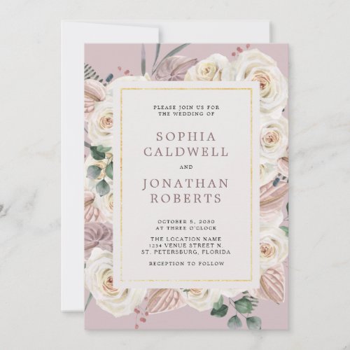 All in One White Roses Dusty Pink Floral Wedding Invitation