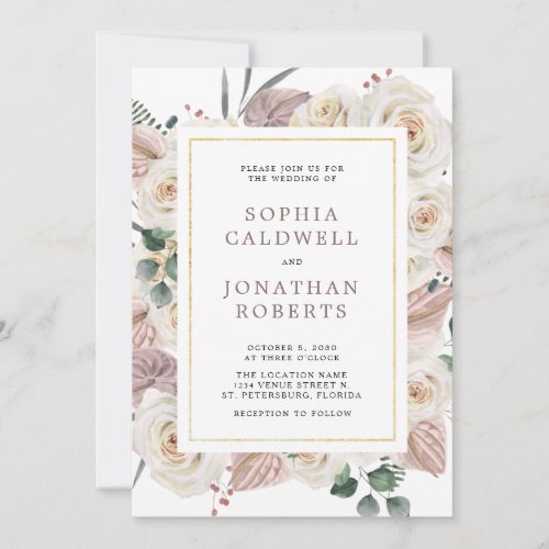 All in One White Roses Tropical Flowers Wedding Invitation