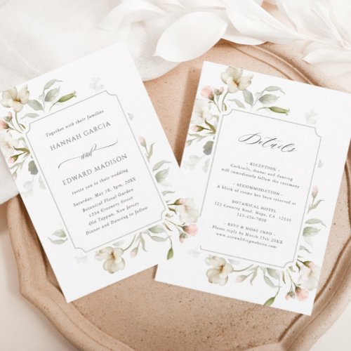 All In One White Sage Blush Elegant Floral Wedding Invitation