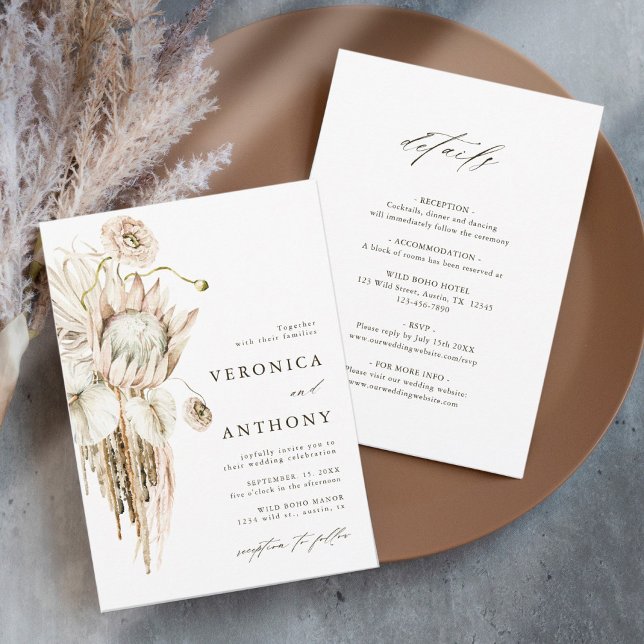 All in One Wild Boho Protea Pampas Grass Wedding  Invitation (Creator Uploaded)