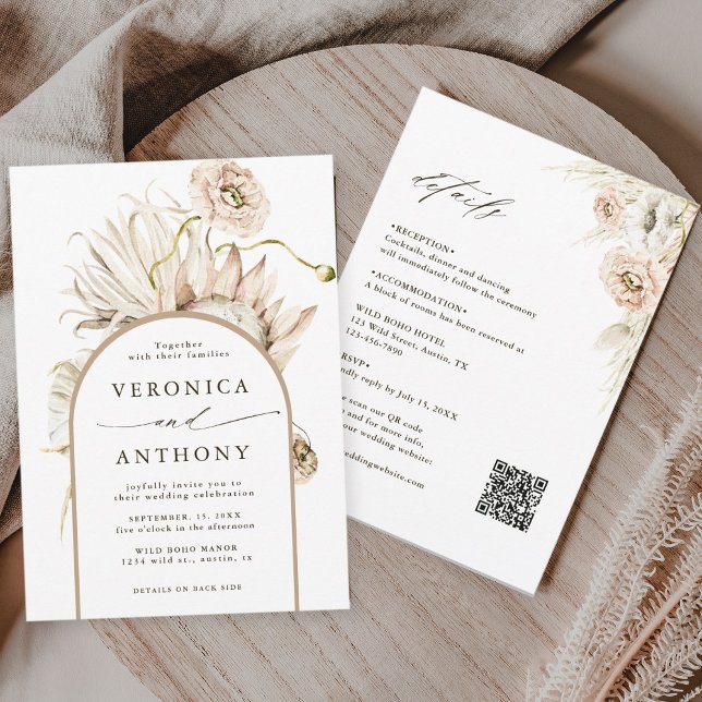 All In One Wild Boho Protea Pampas Grass Wedding Invitation (Creator Uploaded)