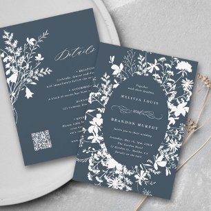 All In One Wildflower Frame Wedding Navy & White Invitation