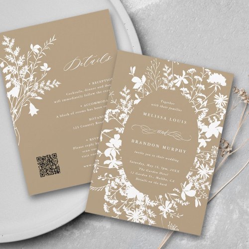 All In One Wildflower Frame Wedding Tan  White Invitation
