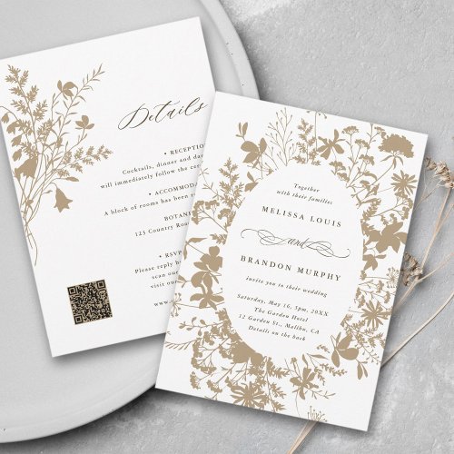All In One Wildflower Frame Wedding Tan  White Invitation
