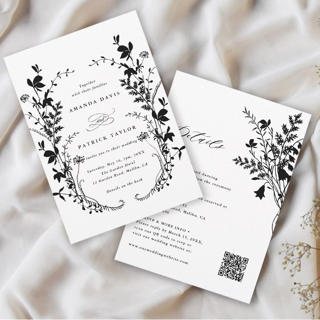 All In One Wildflower Silhouette Wreath Wedding  Invitation (Front & Back)