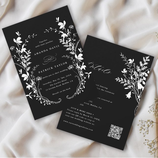 All In One Wildflower Wreath Black Wedding  Invitation (Front & Back)