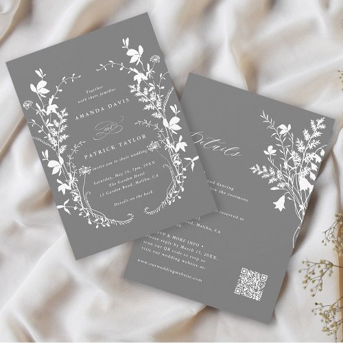All In One Wildflower Wreath Gray  White Wedding Invitation