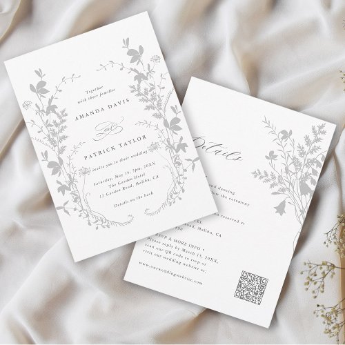All In One Wildflower Wreath Gray  White Wedding  Invitation