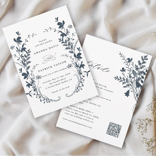 All In One Wildflower Wreath Navy  White Wedding  Invitation