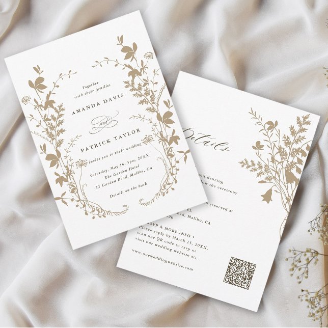 All In One Wildflower Wreath Tan & White Wedding  Invitation (Front & Back)