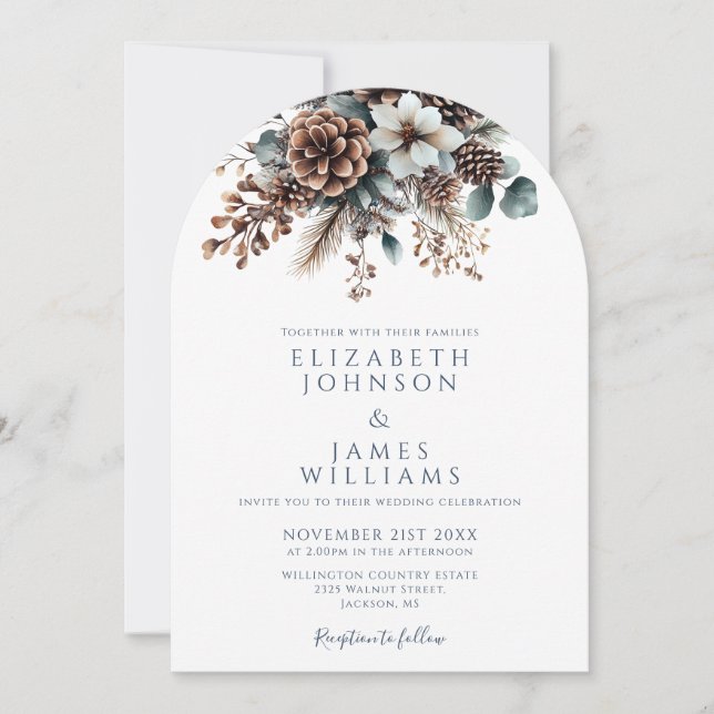All In One Winter Floral Pinecone Wedding Arch Invitation (Front)
