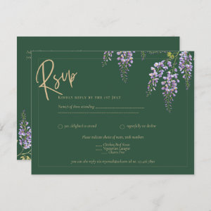 All-in-One Wisteria Green Gold Text Wedding RSVP P Postcard