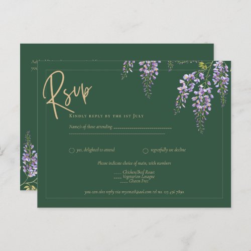 All_in_One Wisteria Green Gold Text Wedding RSVP P Postcard