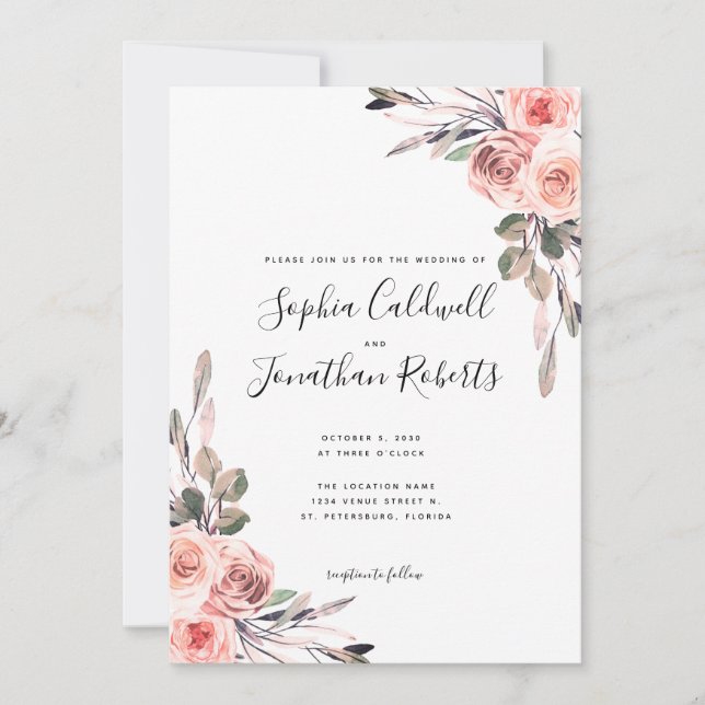 All in One with Details Blush Pink Roses Wedding Invitation (Front)