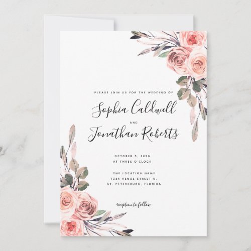 All in One with Details Blush Pink Roses Wedding Invitation