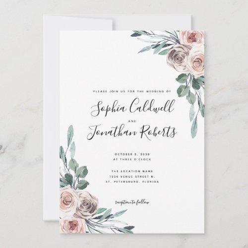All in One with Details Dusty Pink Roses Wedding Invitation