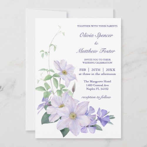 All in one withe and periwinkle clematis Wedding Invitation
