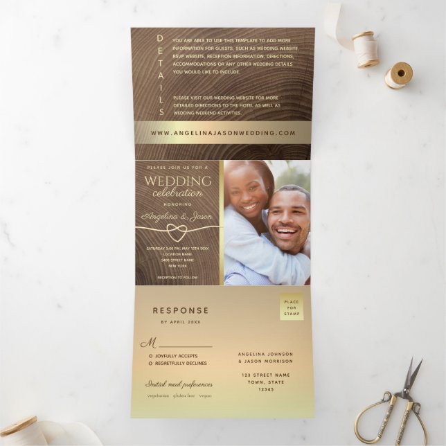 All in One Wood Photo Wedding Tri-Fold Invitation (Inside)