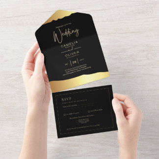 All Inclusive 2 Black Gold Themed Wedding RSVP All In One Invitation