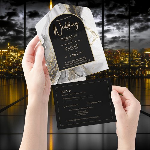 All Inclusive Black Gold elegant Wedding RSVP  All In One Invitation