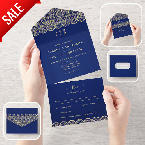 All Inclusive Blue Gold Lace Wedding with RSVP All In One Invitation
