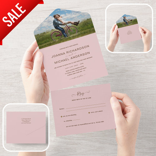 All Inclusive BLUSH PINK PHOTO Wedding RSVP All In One Invitation