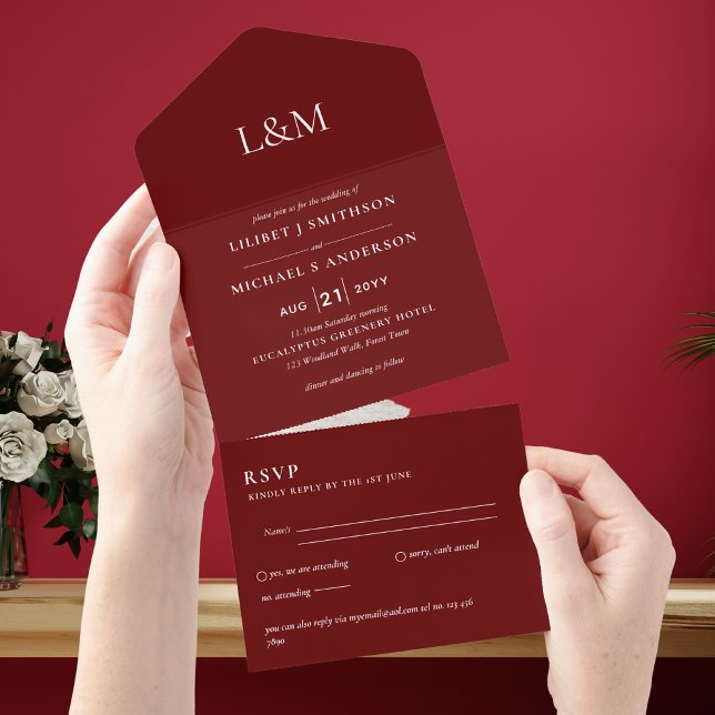 All Inclusive Burgundy Deep Red Wedding RSVP All In One Invitation (Creator Uploaded)