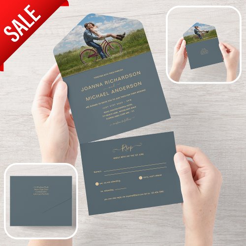 All Inclusive Dusty Blue PHOTO Wedding RSVP All In One Invitation