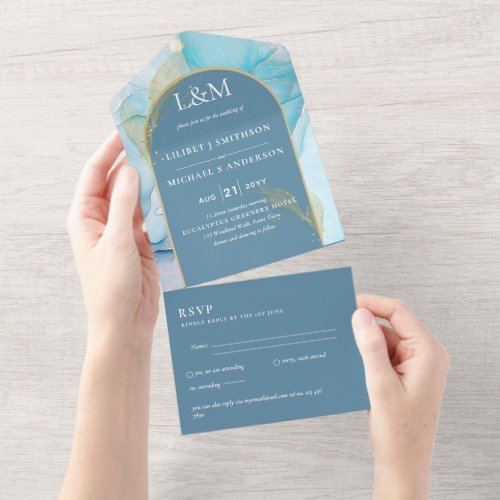All Inclusive Dusty Blue Teal Aqua Wedding RSVP All In One Invitation