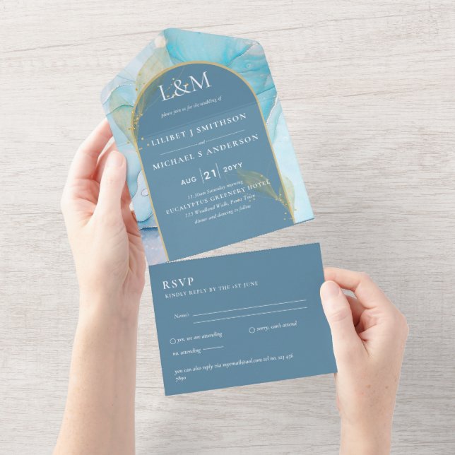 All Inclusive Dusty Blue Teal Aqua Wedding RSVP In One Invitation (Tearaway)