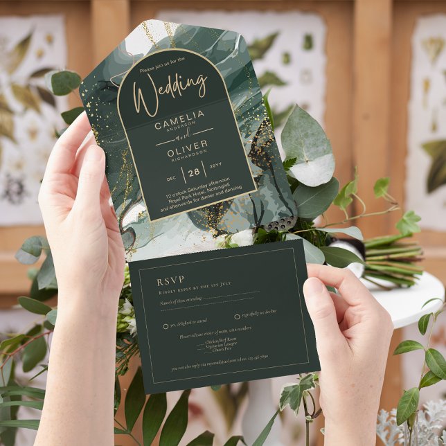 All Inclusive Emerald Green Gold Wedding RSVP In One Invitation (Creator Uploaded)