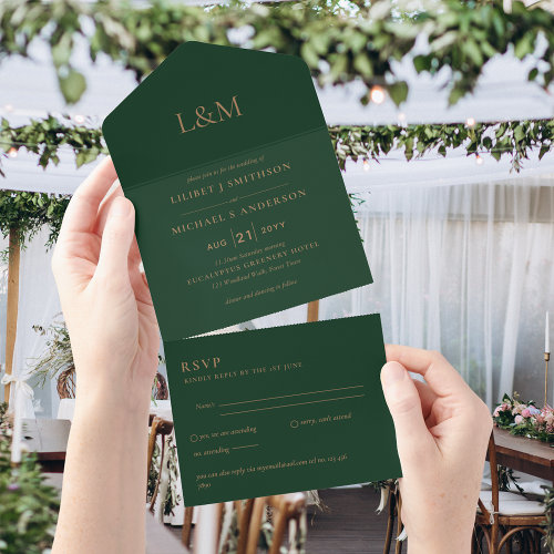 All Inclusive Emerald Green Simple Wedding RSVP All In One Invitation