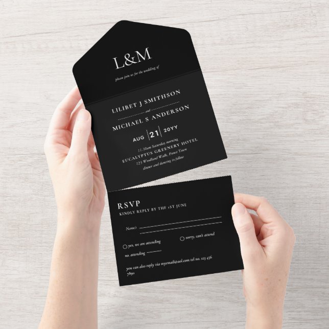 All Inclusive Jet Black Simple Wedding RSVP All In One Invitation (Tearaway)