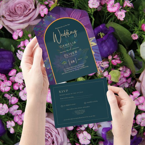 All Inclusive Jewel Tone Purple Green Wedding RSVP All In One Invitation