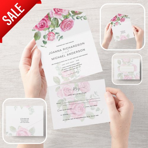All Inclusive PINK Roses Wedding Floral RSVP All In One Invitation