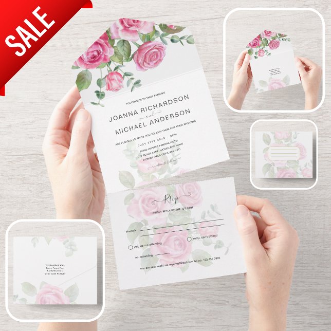 All Inclusive PINK Roses Wedding Floral RSVP All In One Invitation (Creator Uploaded)