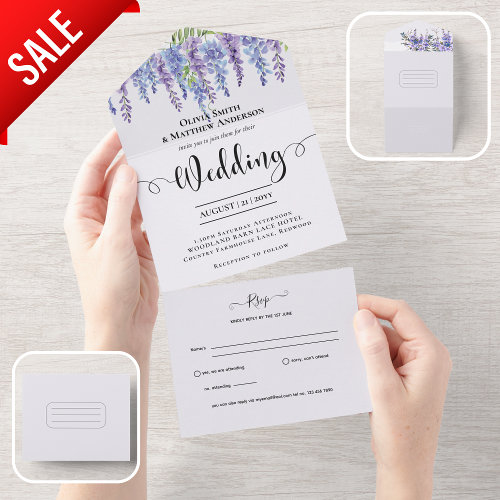 All Inclusive Purple Wisteria Floral Wedding RSVP All In One Invitation