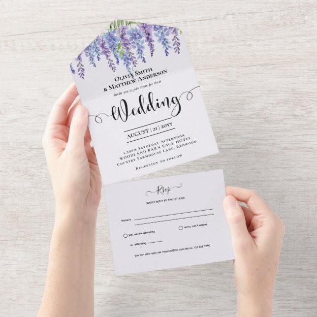 All Inclusive Purple Wisteria Floral Wedding RSVP In One Invitation (Tearaway)