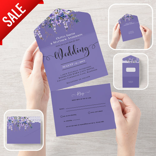 All Inclusive Purple Wisteria Flowers Wedding RSVP All In One Invitation
