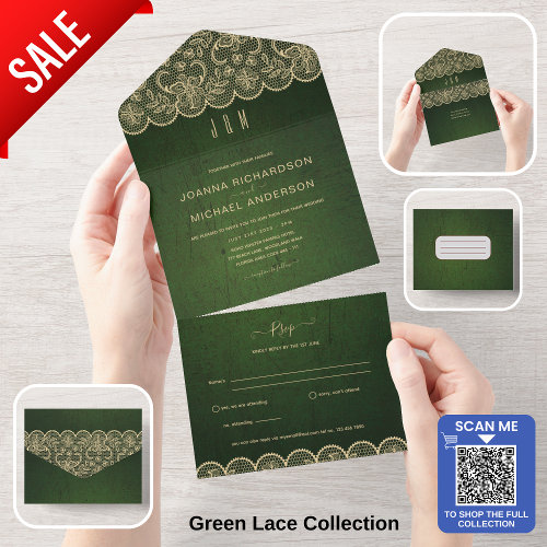 All Inclusive Rustic Green Lace Wedding with RSVP All In One Invitation