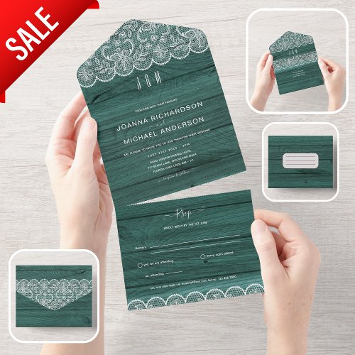 All Inclusive Rustic Green Lace Wedding with RSVP All In One Invitation