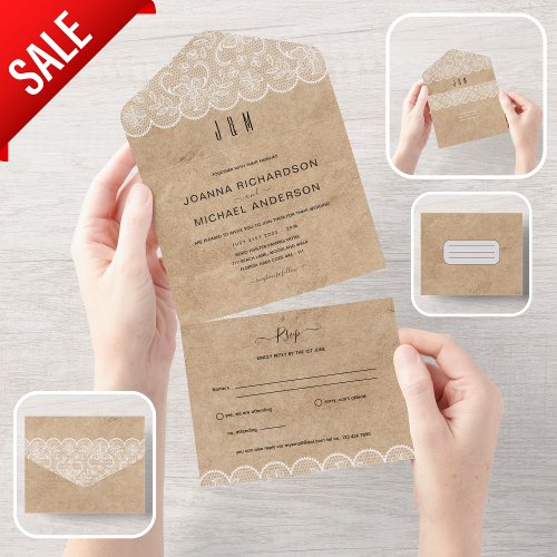 All Inclusive Rustic Lace Wedding with RSVP All In One Invitation