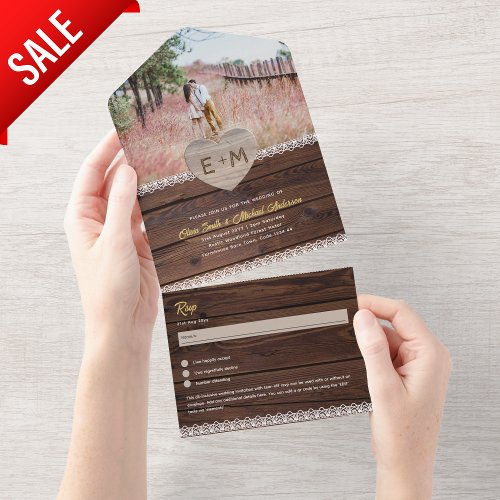 All Inclusive Rustic Wood Lace Photo Tear Off RSVP All In One Invitation