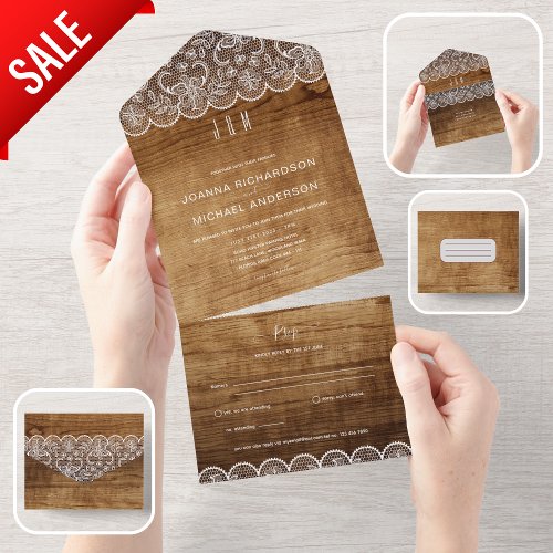 All Inclusive Rustic Wood Lace Wedding with RSVP All In One Invitation