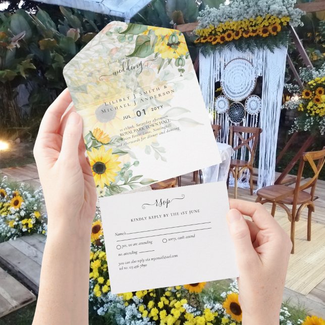 All Inclusive Sunflowers Rustic Wedding RSVP  All In One Invitation