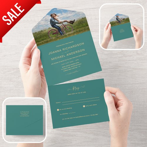 All Inclusive Teal Gold PHOTO Wedding RSVP All In One Invitation