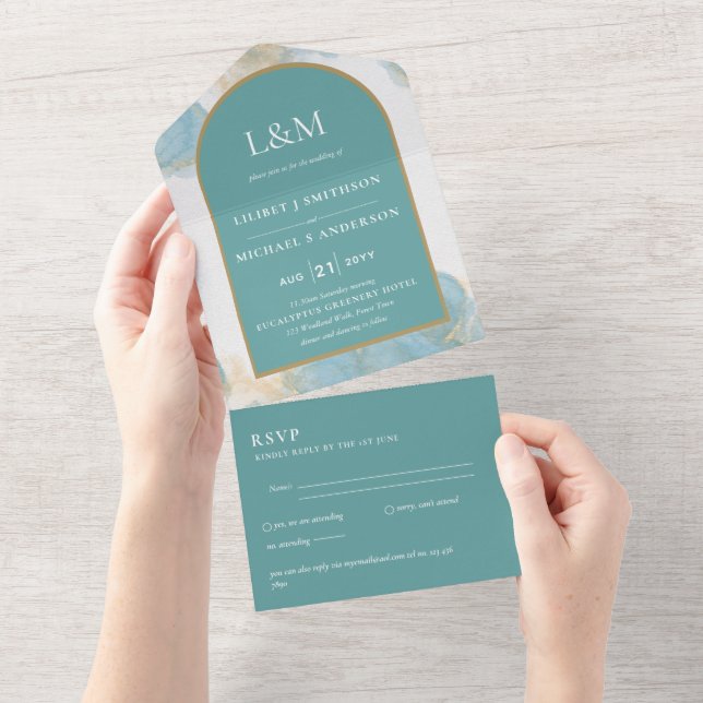 All Inclusive Teal Turquoise Wedding RSVP In One Invitation (Tearaway)